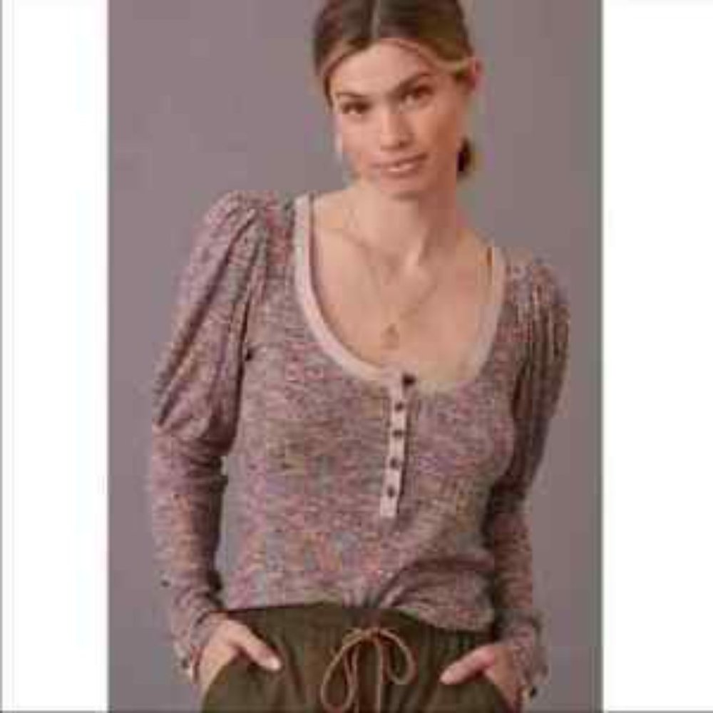 Anthropologie Puff-Sleeved Knit Henley Top Women S NWT Stretch Scoop Neck Purple - Picture 10 of 11